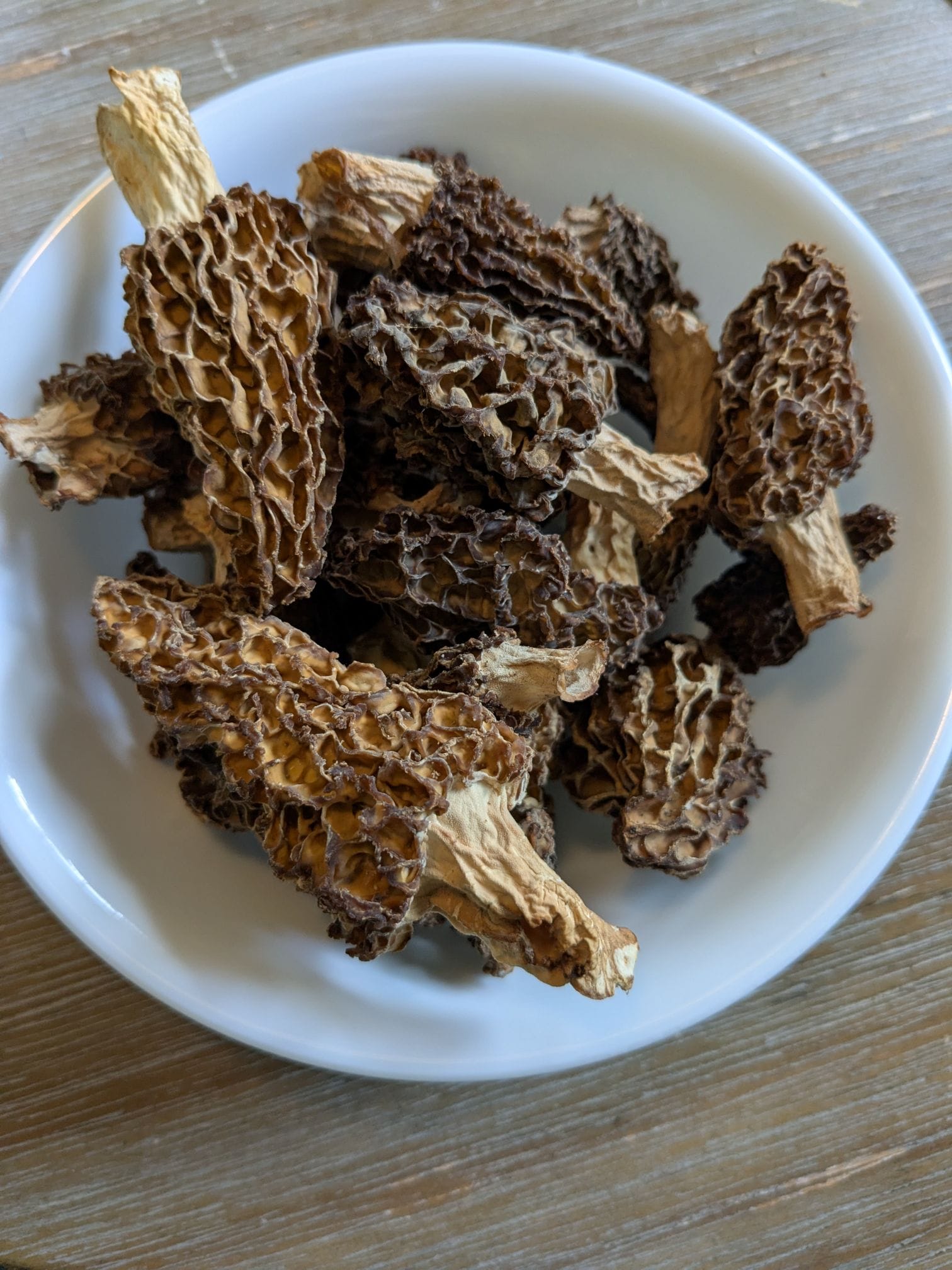 A bowl of dried morel mushrooms.
